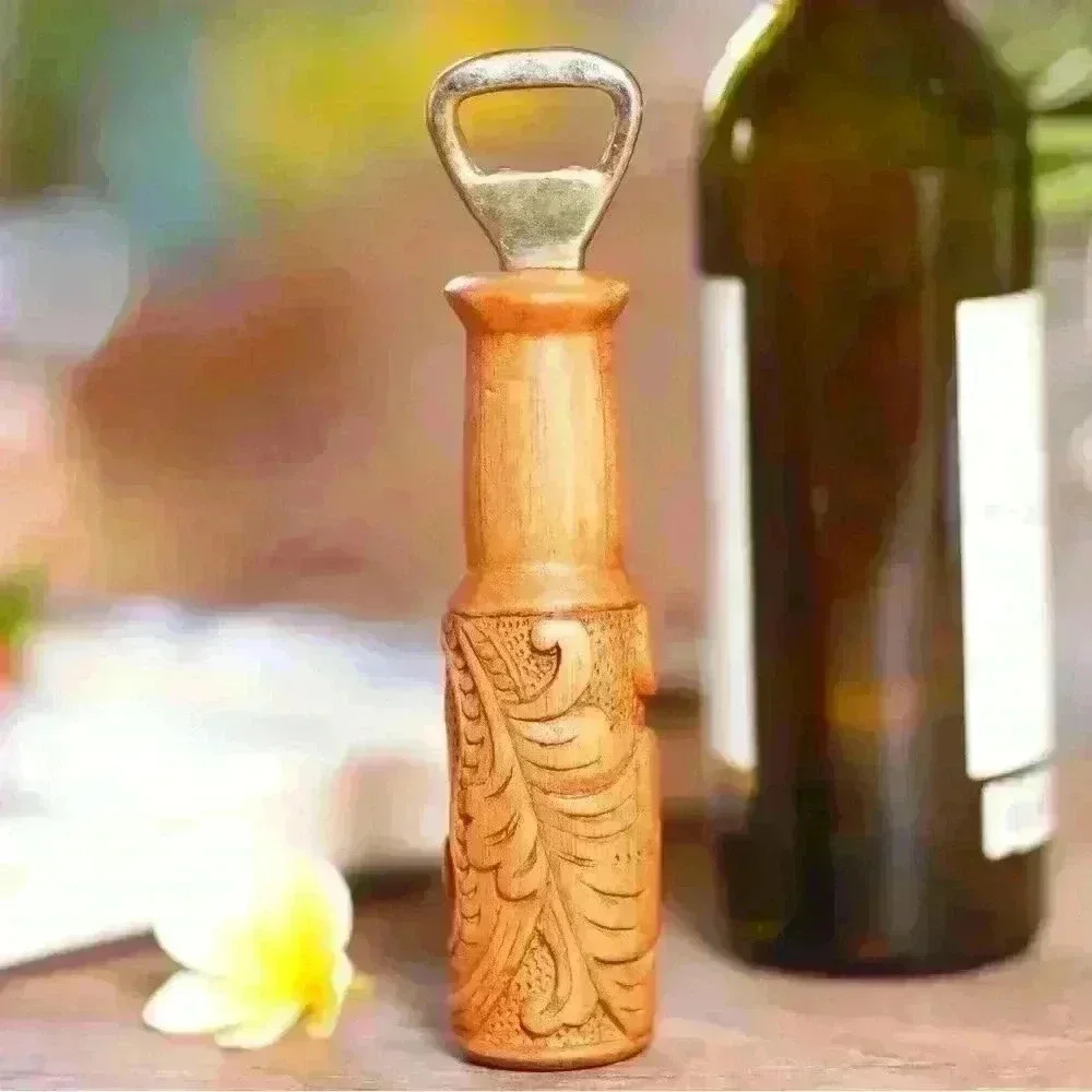 Hand Carved Sugar Wood Bottle Opener with Leaf Motif from Bali - Bottles Up